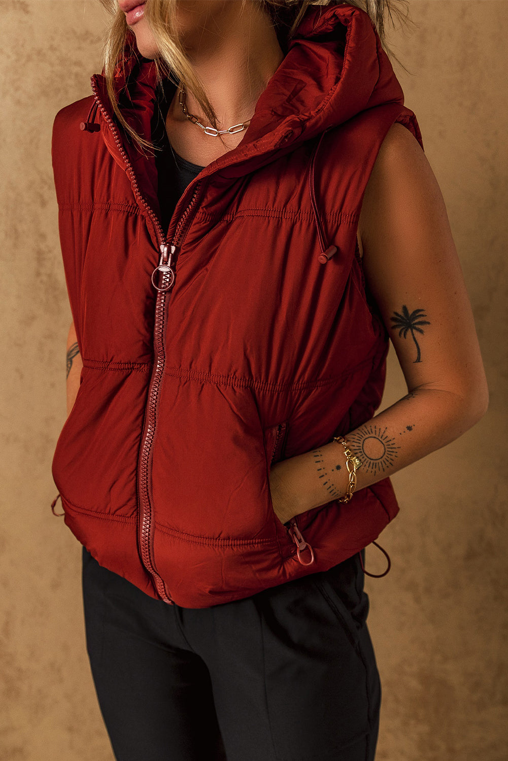 Clay Zip Up Side Pockets Hooded Puffer Vest