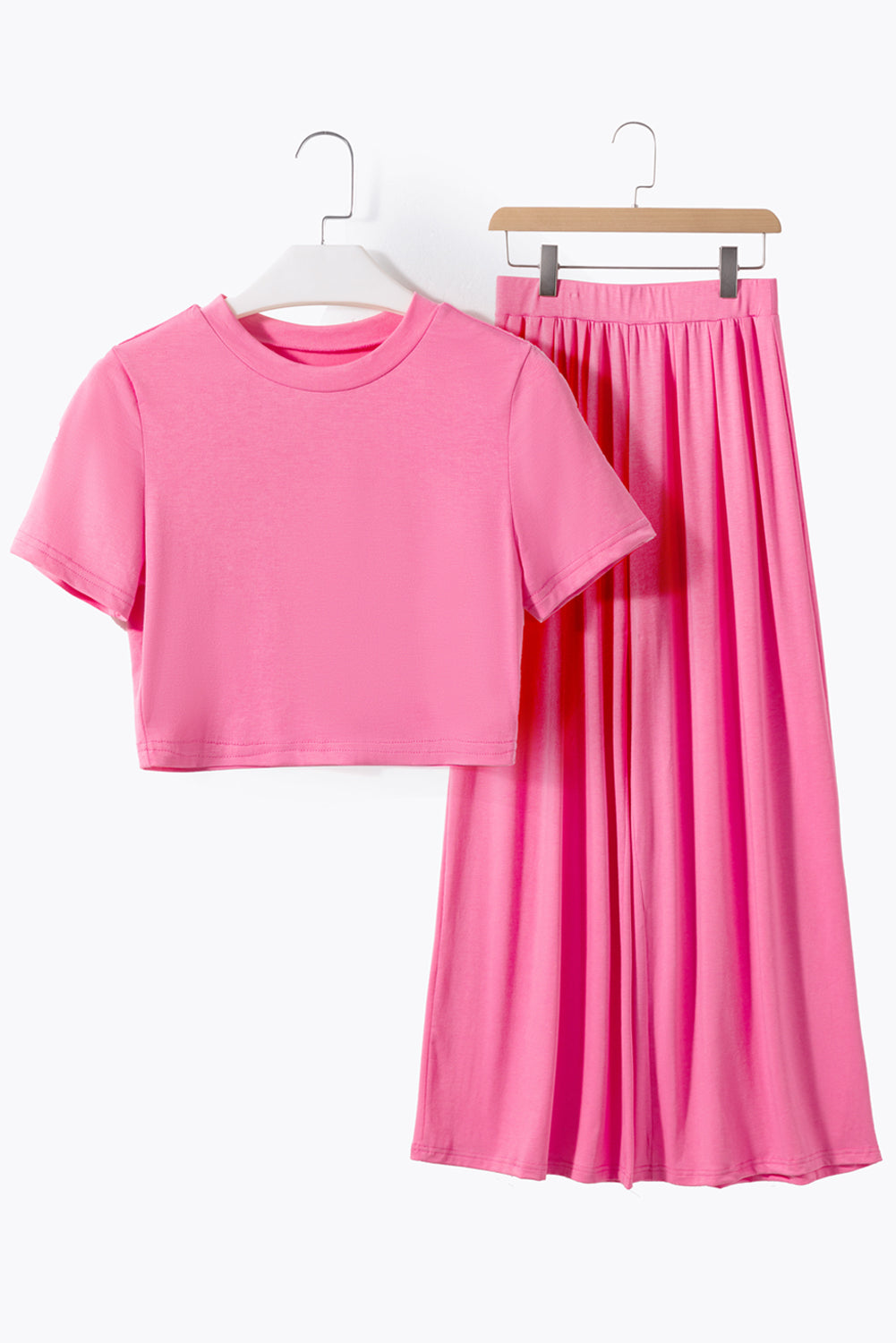 Plain Slim Fit Crop Top And Wide Leg Pants Set