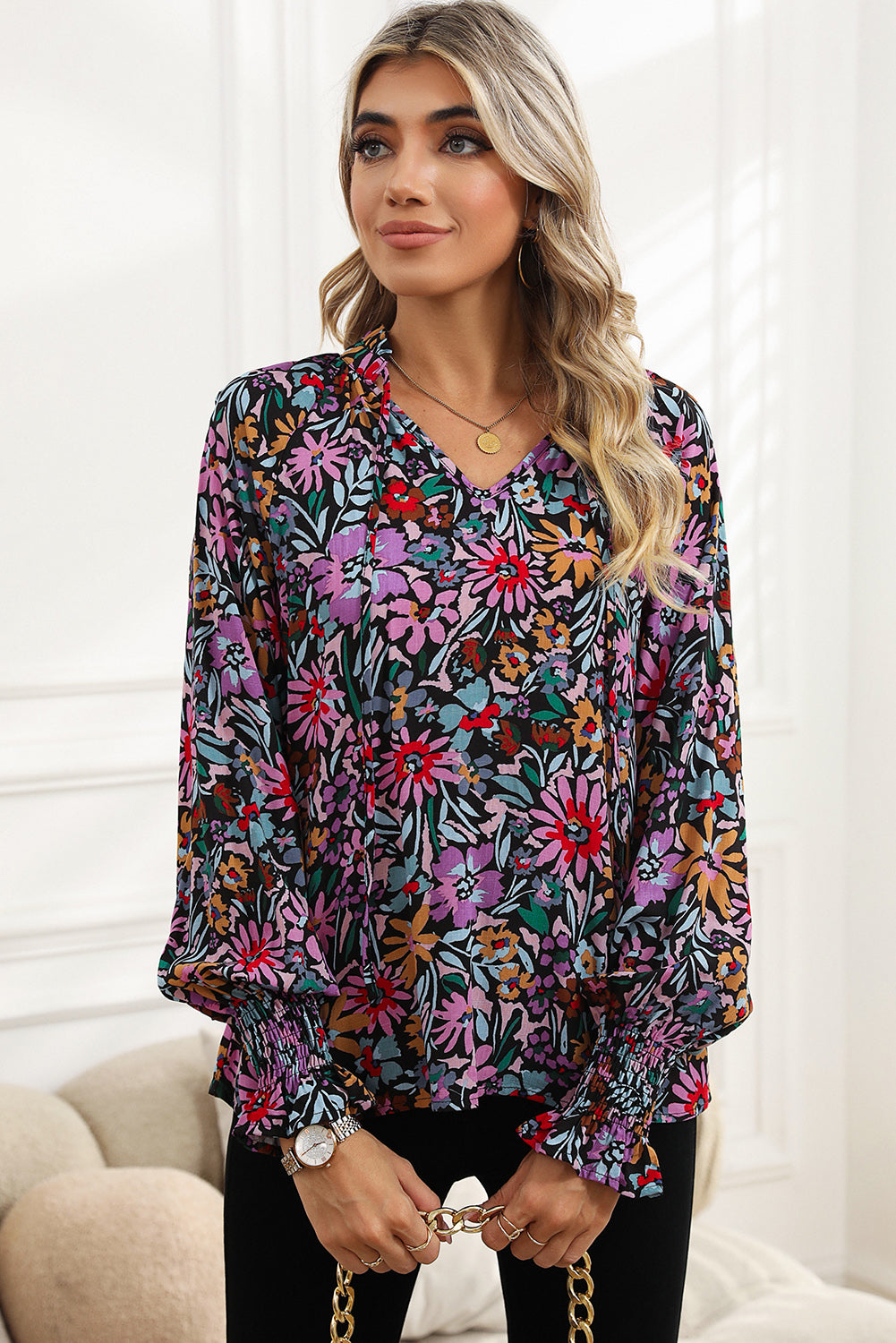 Multicolor Floral Boho Tie V Neck Peasant Blouse