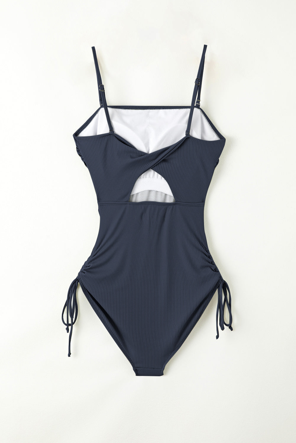 Navy Blue Side Drawstring Cutout Ribbed One Piece Swimsuit