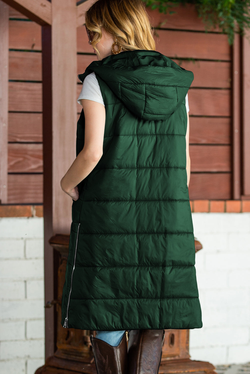 Hooded Pocketed Quilted Long Vest Coat