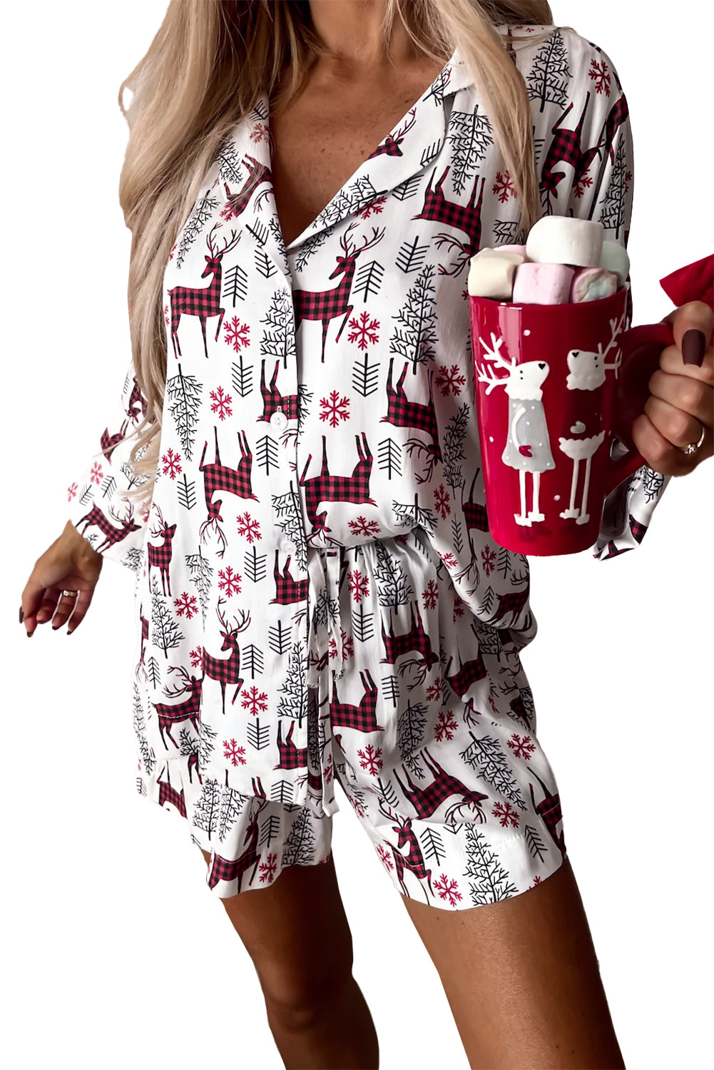 White Christmas Deer Printed Shirt and Shorts Loungewear Set