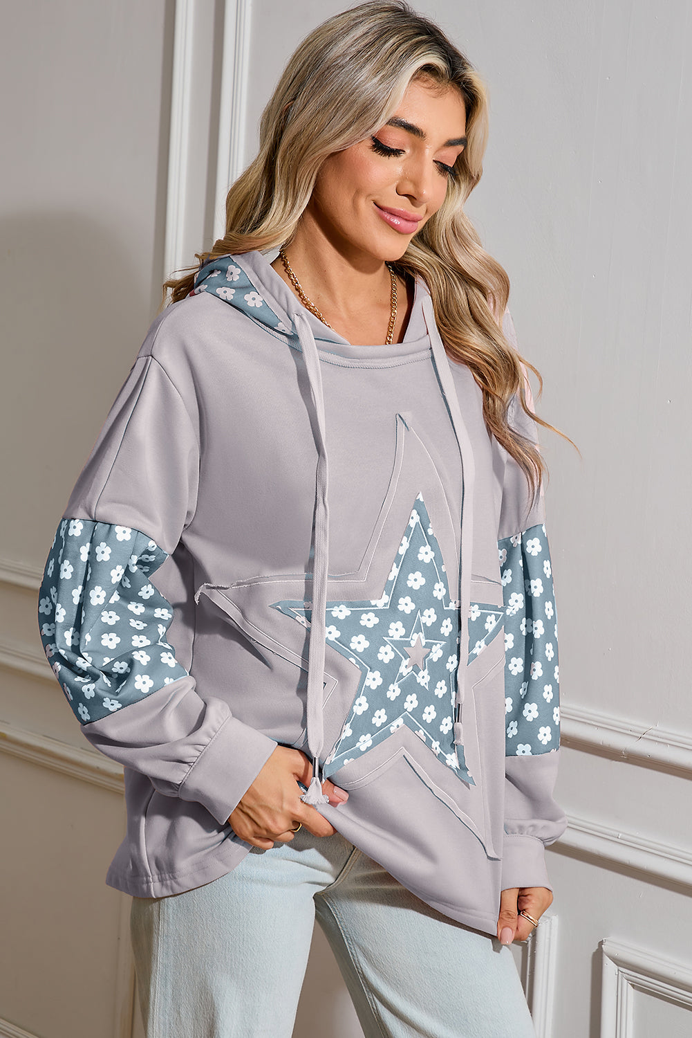 Floral Patchwork Star Pattern Drawstring Hoodie