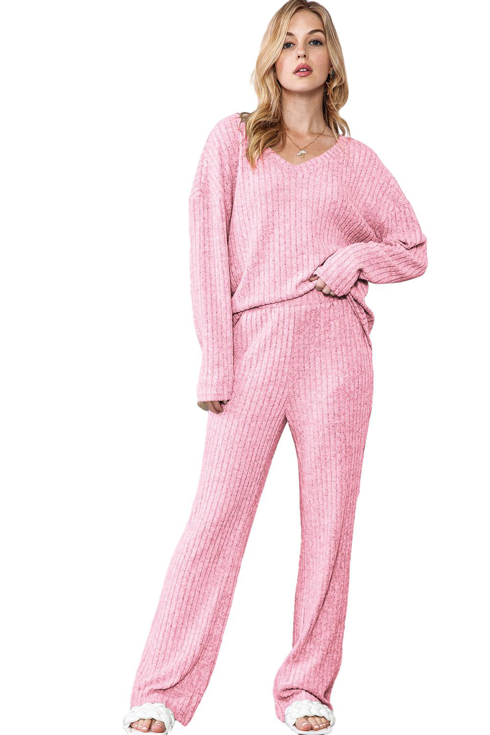 Slouchy Ribbed Knit V Neck Top & Pants Loungewear Set