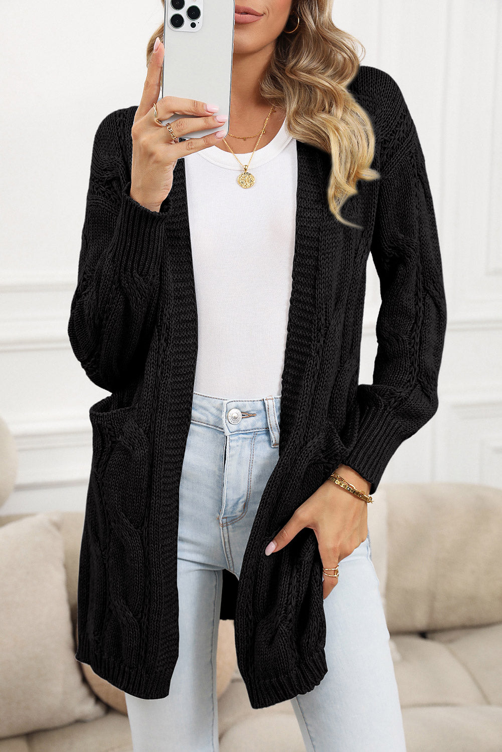 Red Ribbed Trim Hollow Knit Side Slits Cardigan