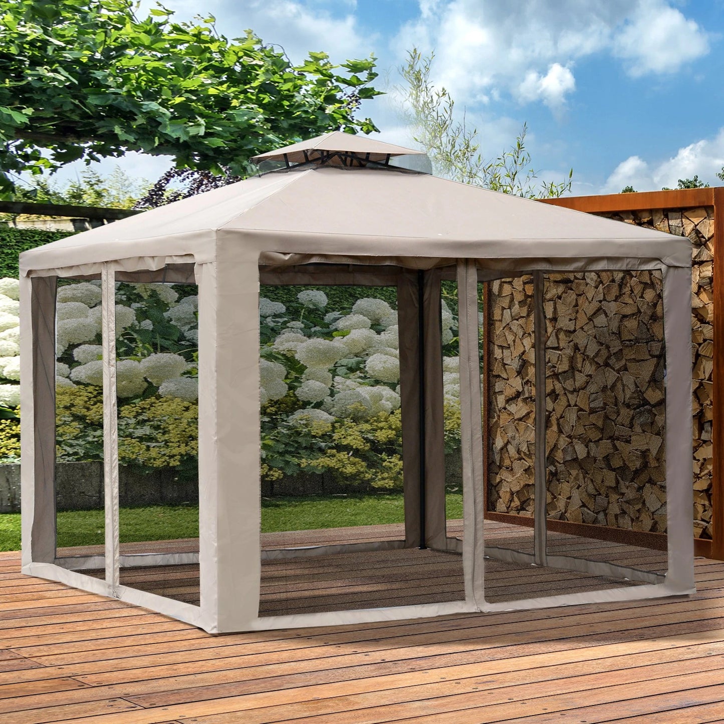 Taupe Outdoor Gazebo - 2-tier Roof with Netting