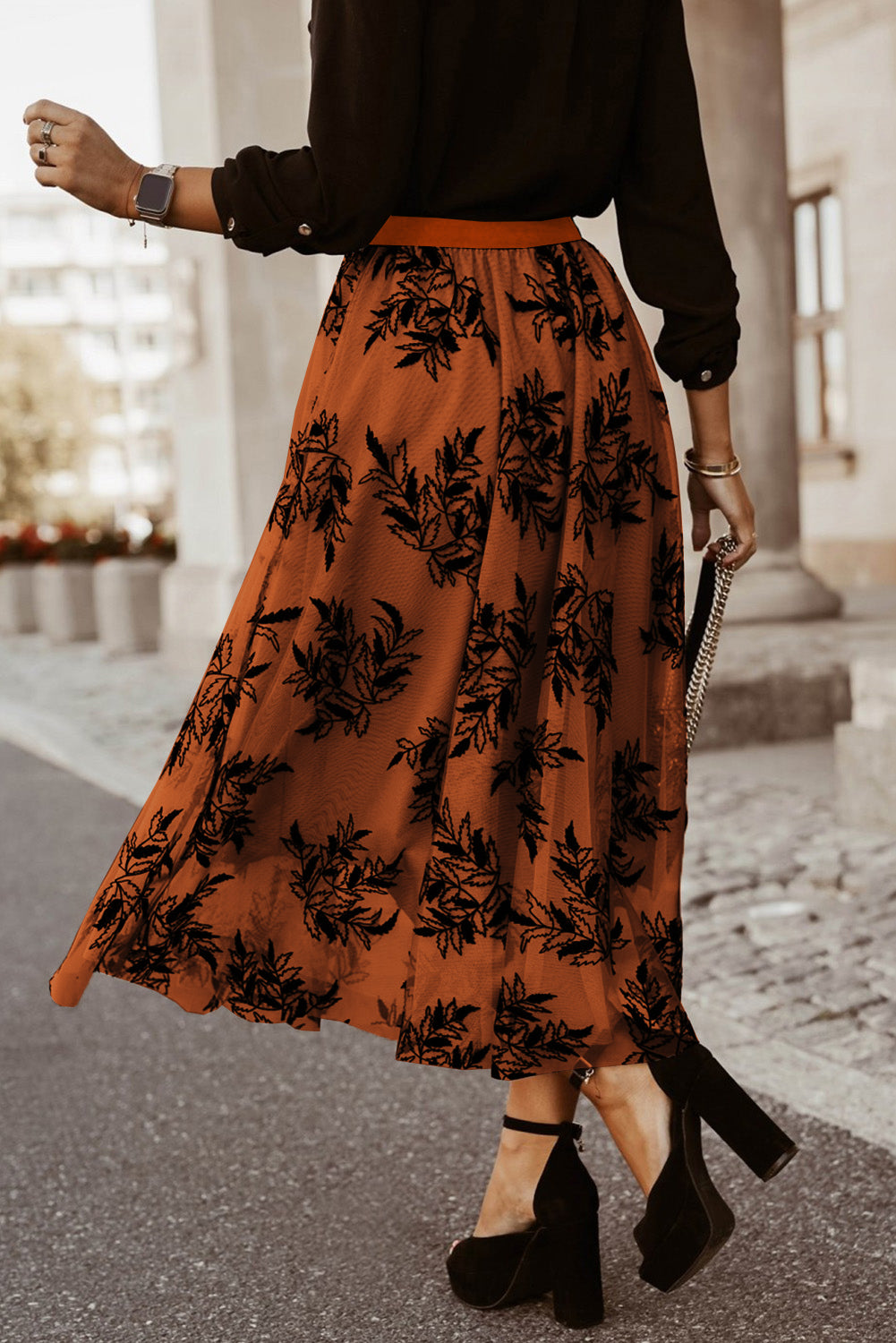 Peach Blossom Floral Leaves Embroidered High Waist Maxi Skirt