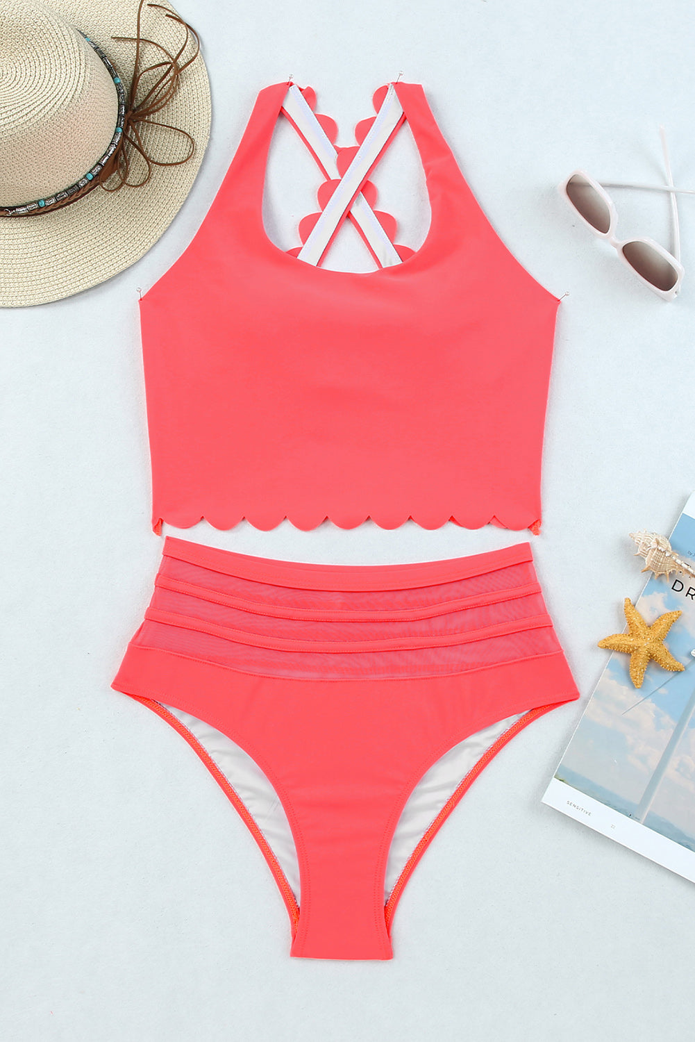 Scalloped Sleeveless High Waisted Two Piece Swimsuit