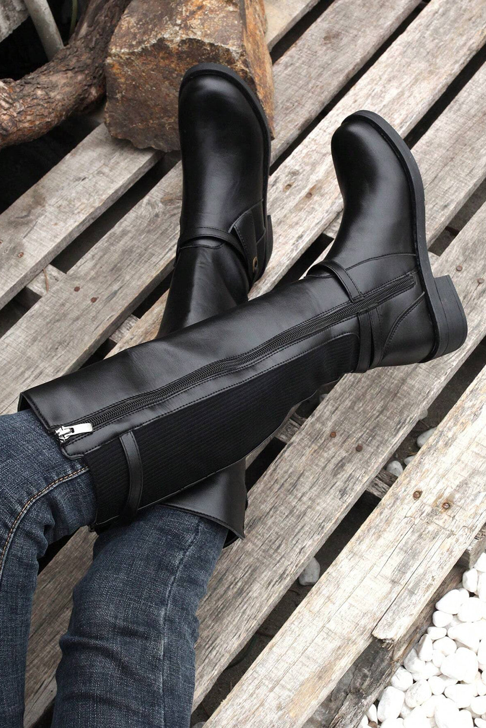 Black Side Zipper Knee High Chunky Low Heel Boots