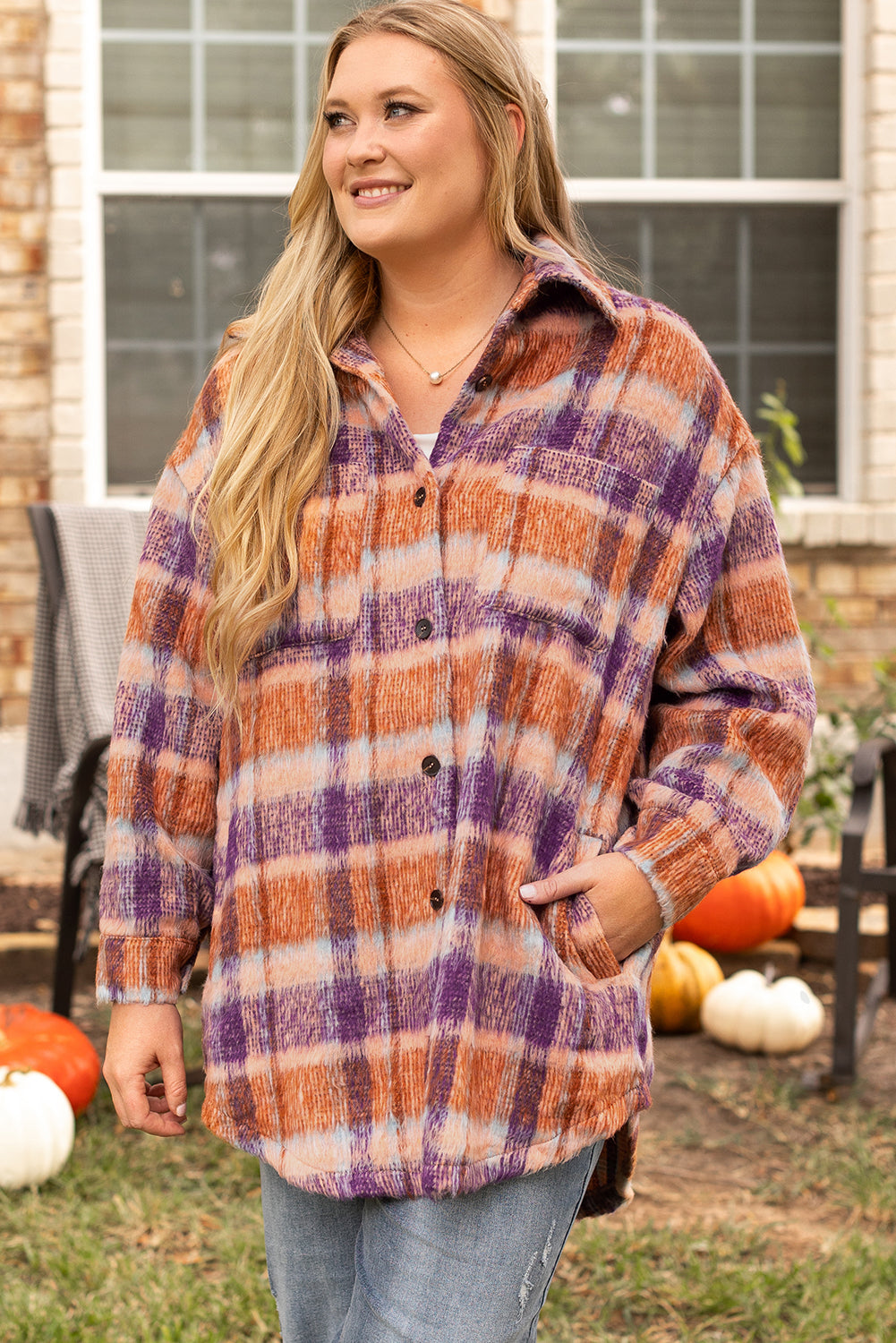 Multicolour Plus Size Plaid Print Collared Button Up Jacket