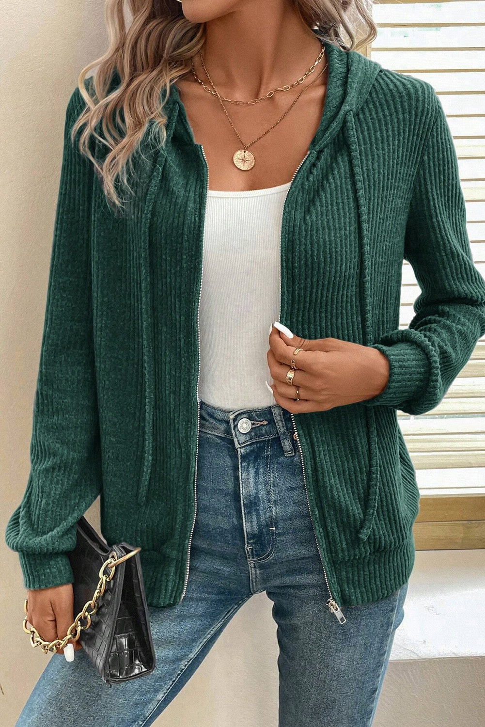 Evergreen Ribbed Zip Front Drawstring Hoodie