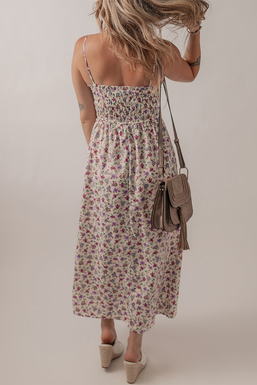 Multicolour Boho Floral Print Spaghetti Strap Flare Midi Dress