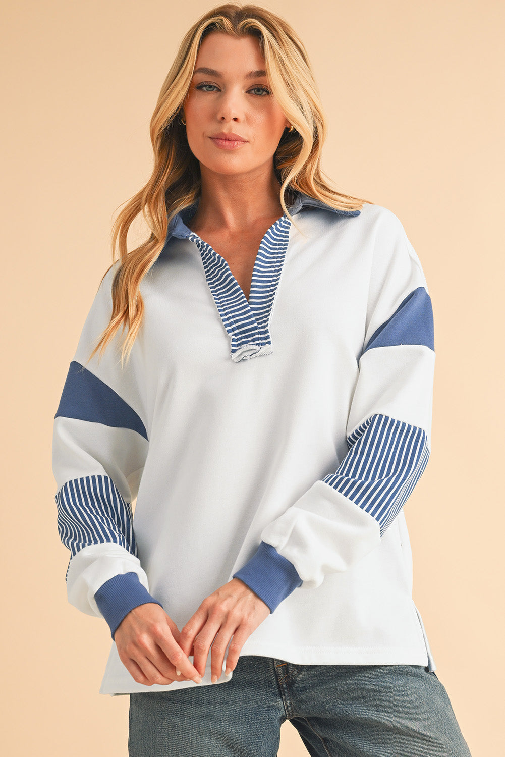 Striped Patchwork Collar Sweatshirt