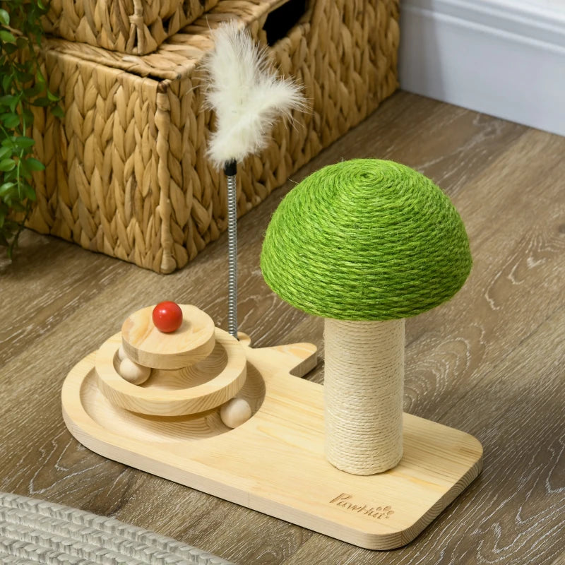 Mushroom-Shaped Cat Scratching Post, with Toy Balls, Feather for Indoor Cats, 35 x 21 x 26cm - Natural Tone