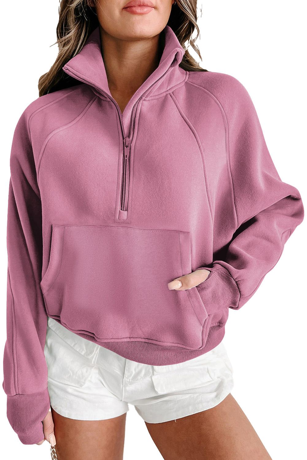 Zip Up Stand Collar Ribbed Thumbhole Sleeve Sweatshirt - 12 Colours Available