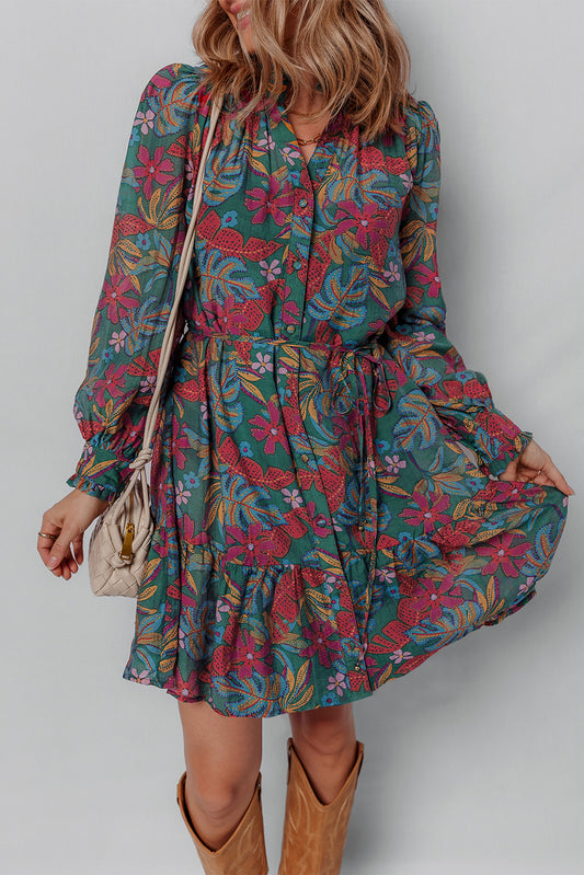 Green Floral Frill V Neck Puff Sleeve Ruffle Mini Dress