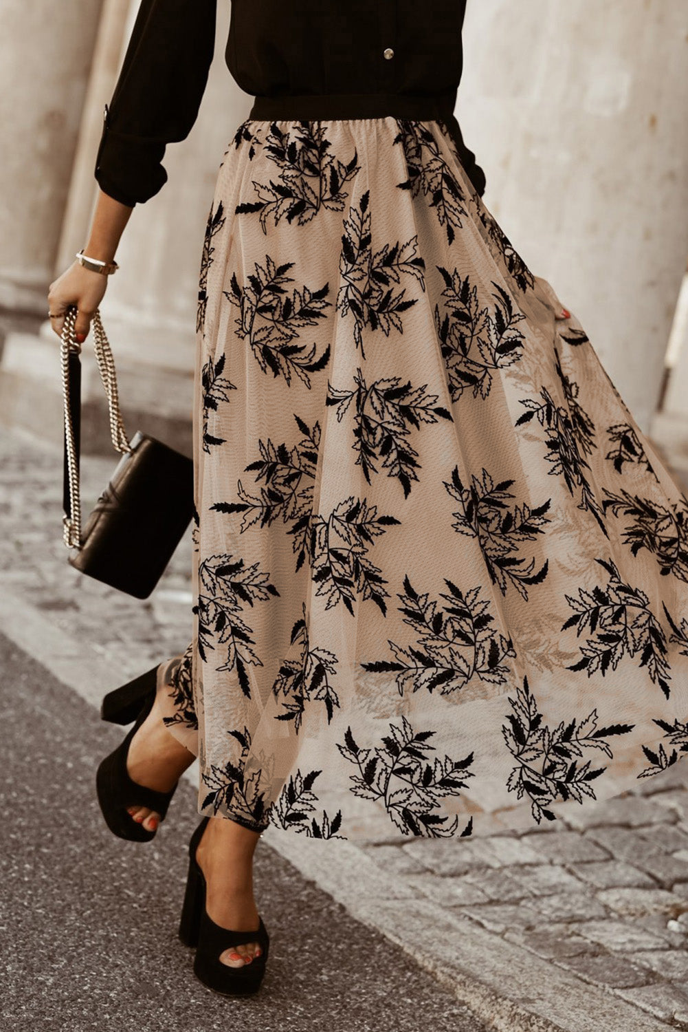 Peach Blossom Floral Leaves Embroidered High Waist Maxi Skirt