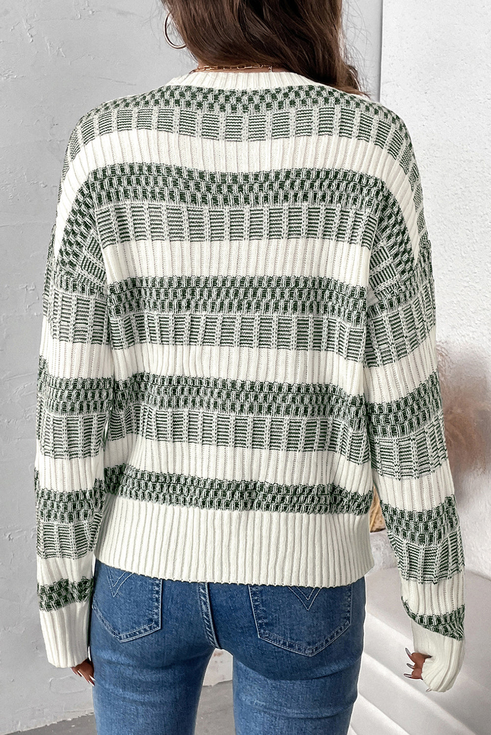 Blackish Green Casual Striped Clashing Sweater