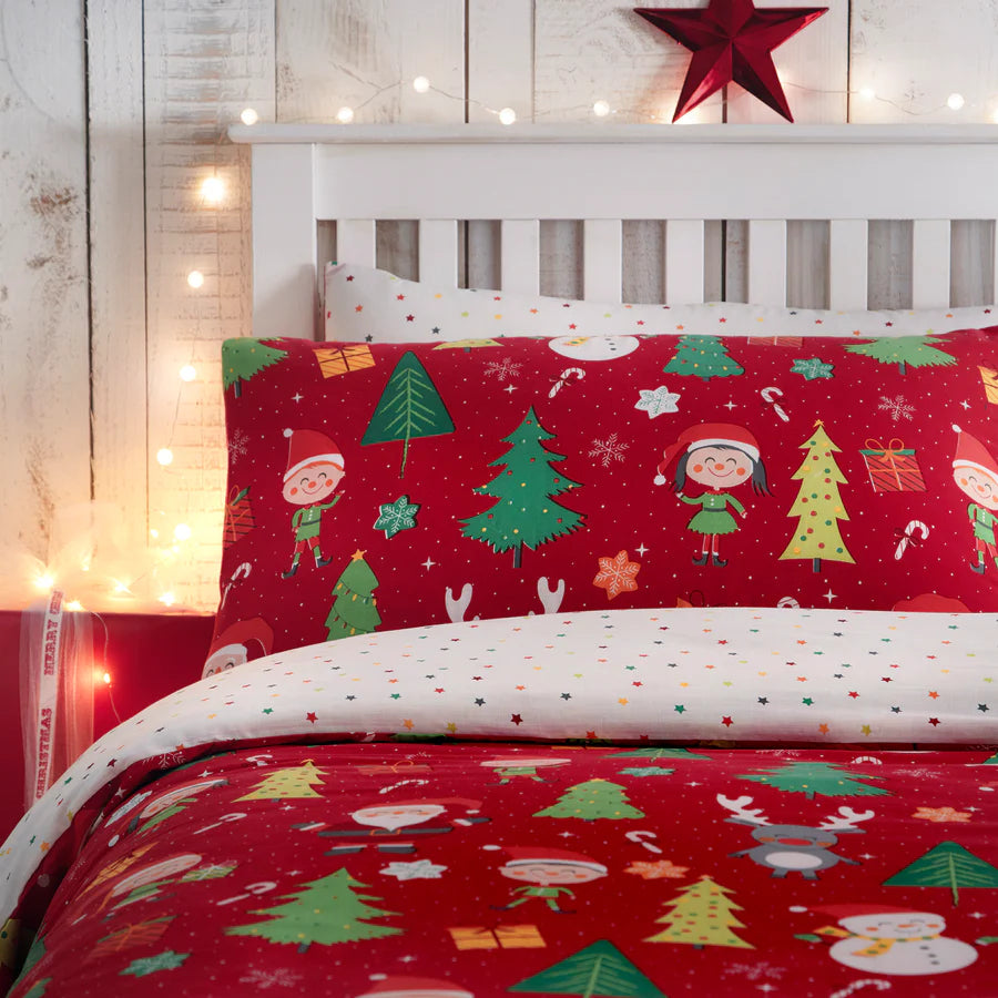 Elf & Santa Easy Care Duvet Cover Set in Multi By Bedlam Christmas