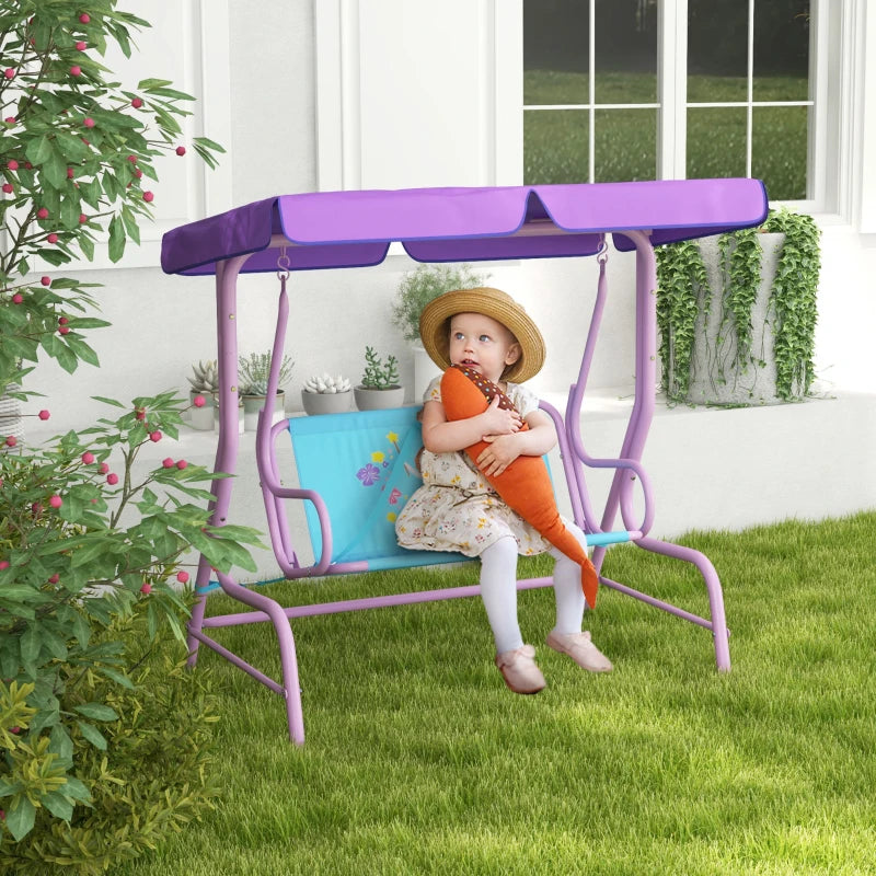 Two Seater Kids Garden Swing, Fairy Themed kids Swing Chair with Adjustable Canopy, Safety Belts