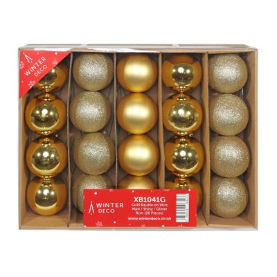 Gold Bauble on Wire - Matt/Shiny/Glitter (Pack of 20)