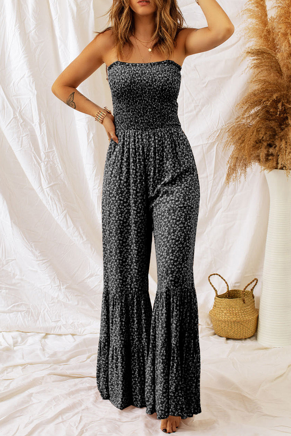 Floral Print Spaghetti Straps Smocked Wide Leg Jumpsuit