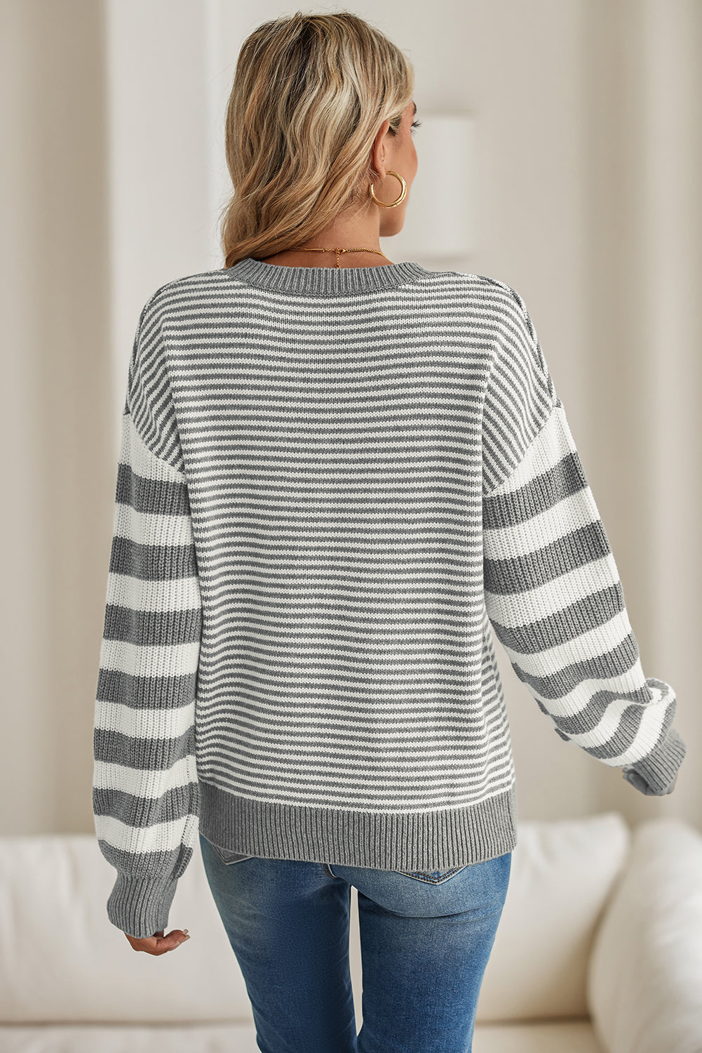 Stripe Twisted Knitted Drop Shoulder Sweater