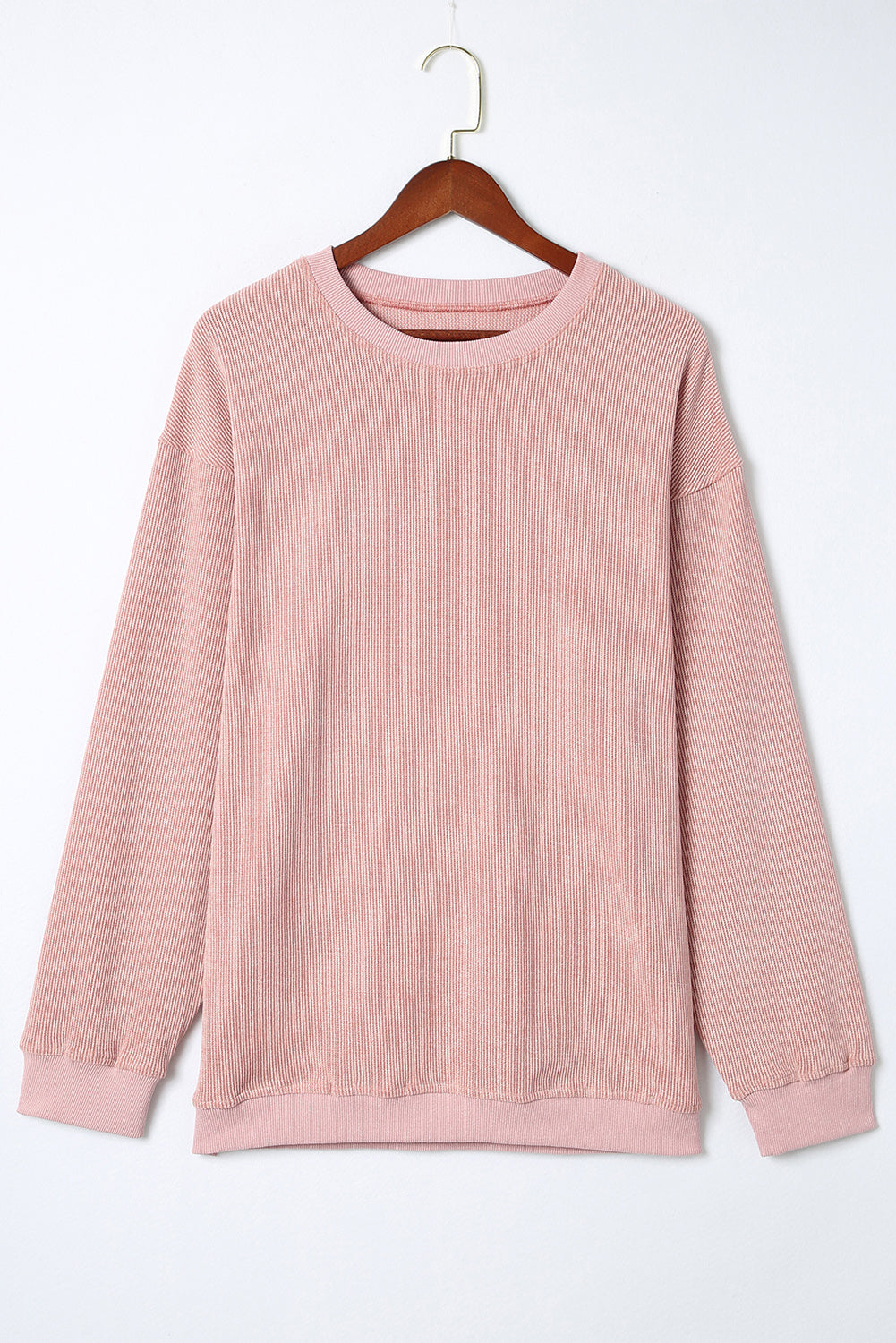 Solid Ribbed Round Neck Pullover Sweatshirt