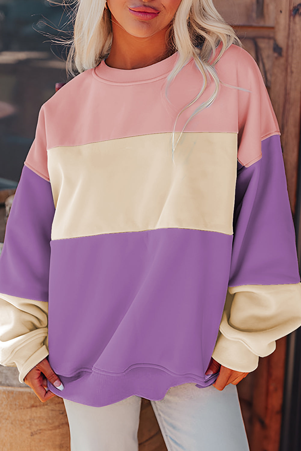 Meadow Mauve Colourblock Patchwork Drop Shoulder Sweatshirt