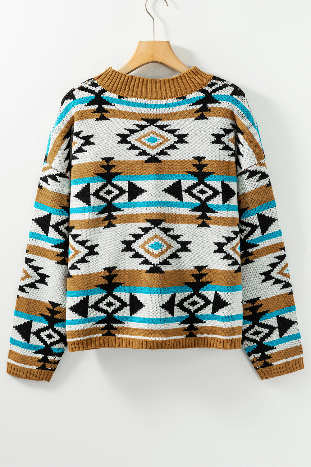 Brown Geometric Striped Knit Ribbed Trim Sweater