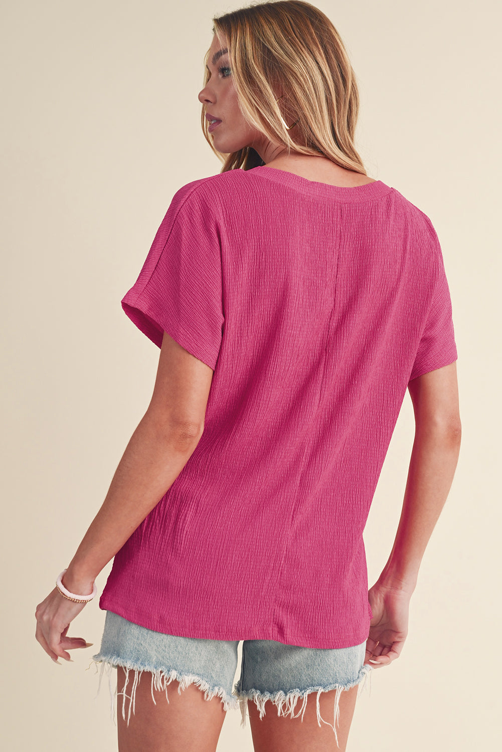 Plain Crinkled V Neck Flounce Sleeve T Shirt