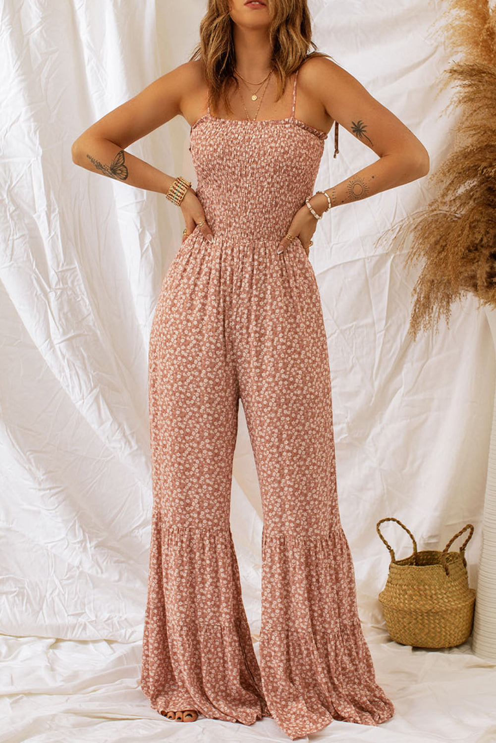 Floral Print Spaghetti Straps Smocked Wide Leg Jumpsuit