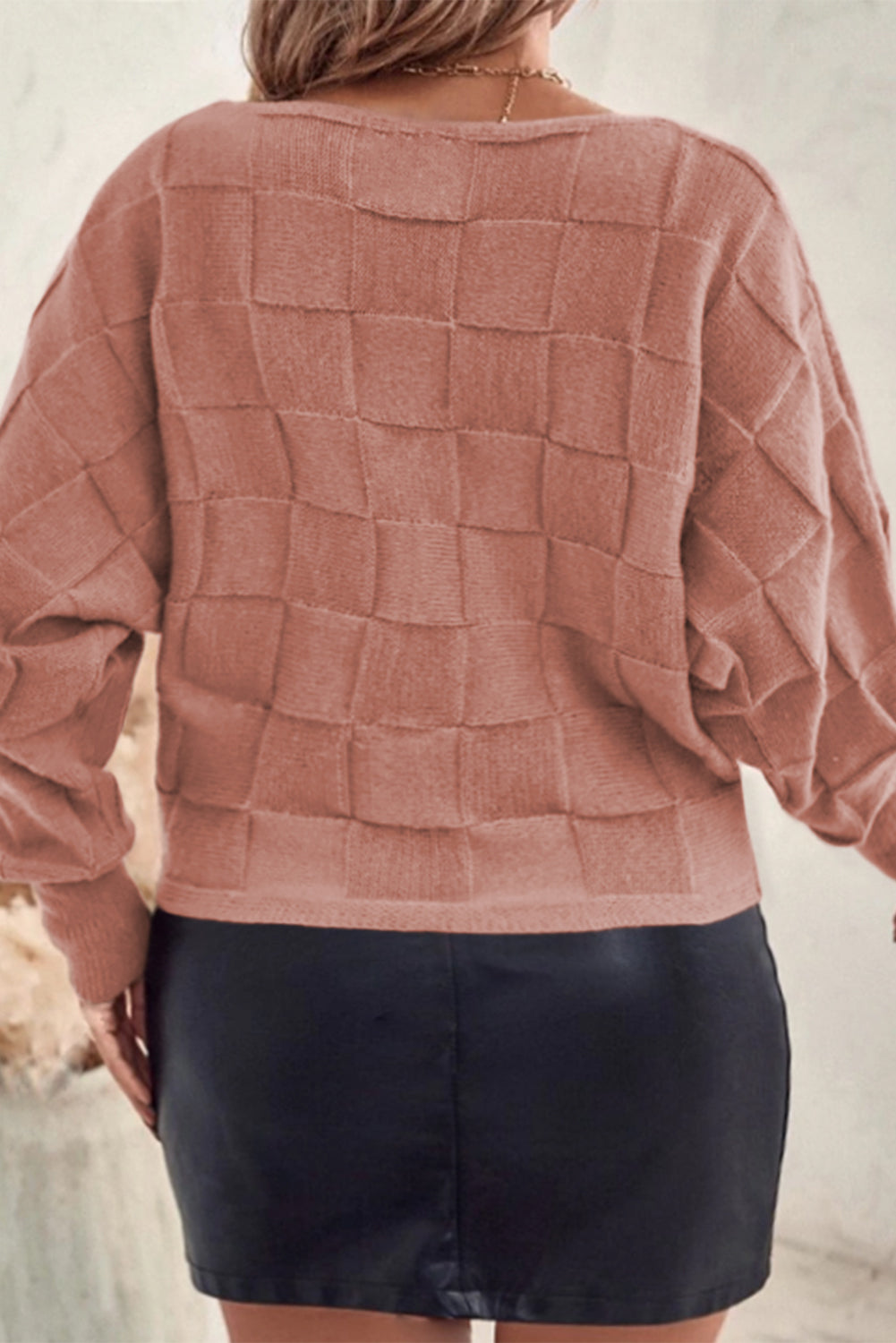 Solid Checkered Textured Knit Plus Size Sweater