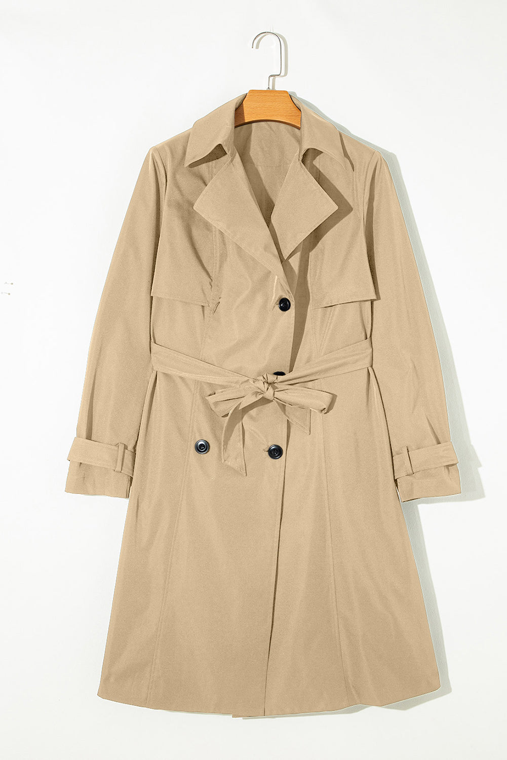 Pale Khaki Solid Color Lapel Collar Pocket Wind Coat