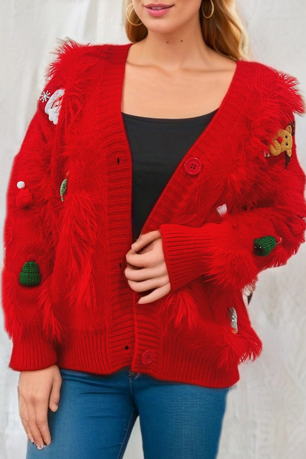 Tomato Red Faux Mink Christmas Single-Breasted Cardigan