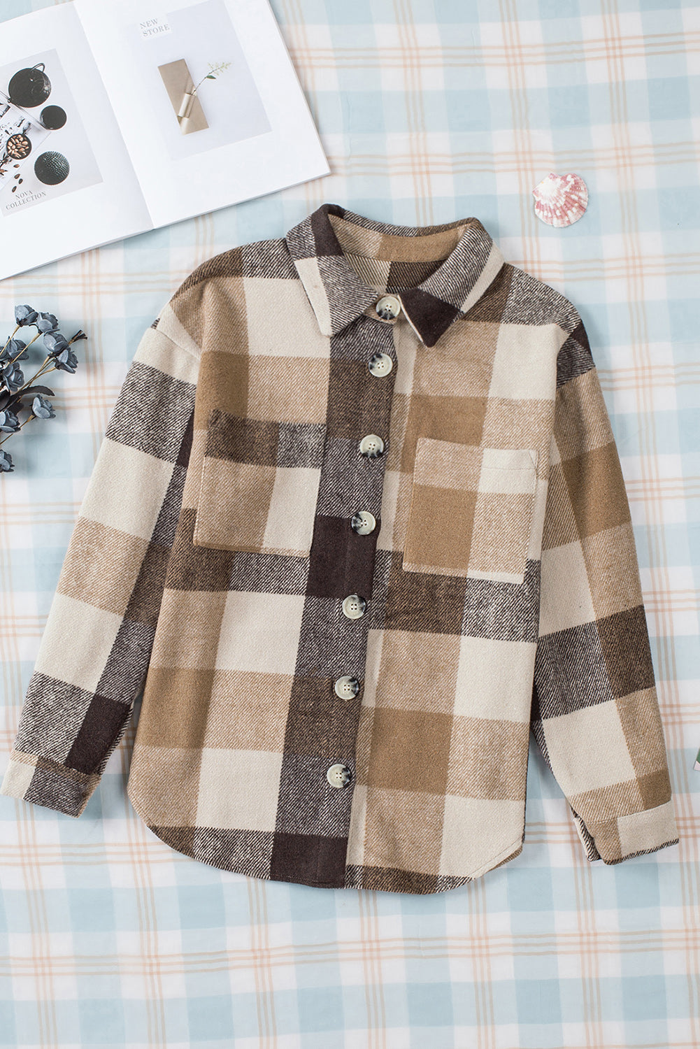 Plaid Color Block Pockets Buttoned Shacket