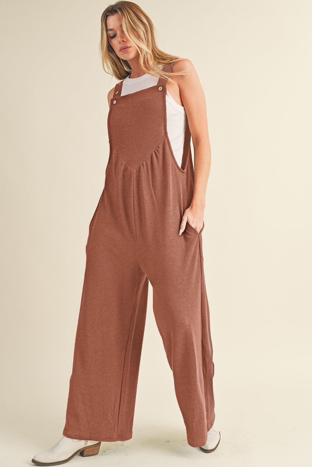 Buttoned Straps Ruched Wide Leg Jumpsuit