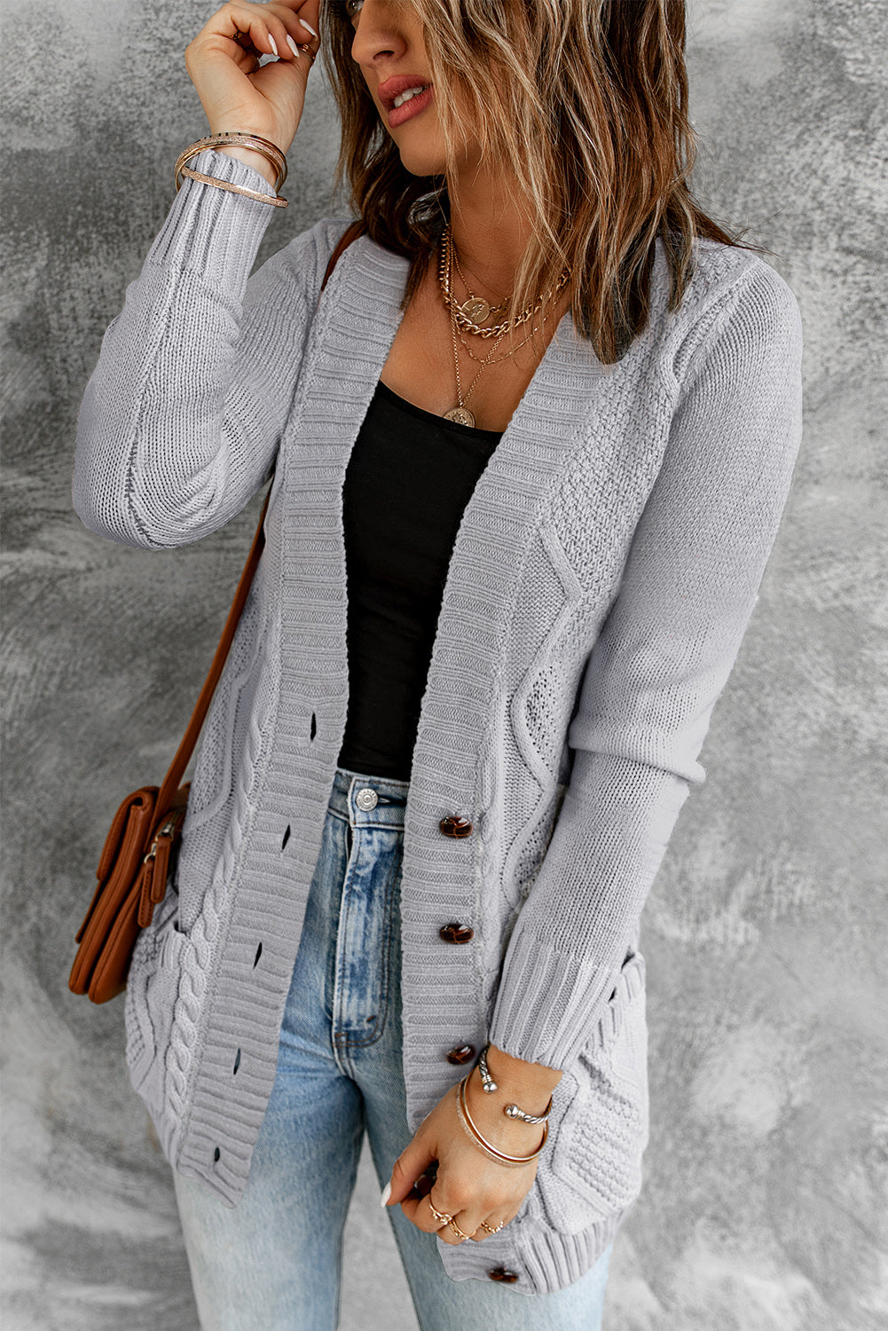 Grey Button Front Long Sleeve Fall Cardigan Sweater for Women