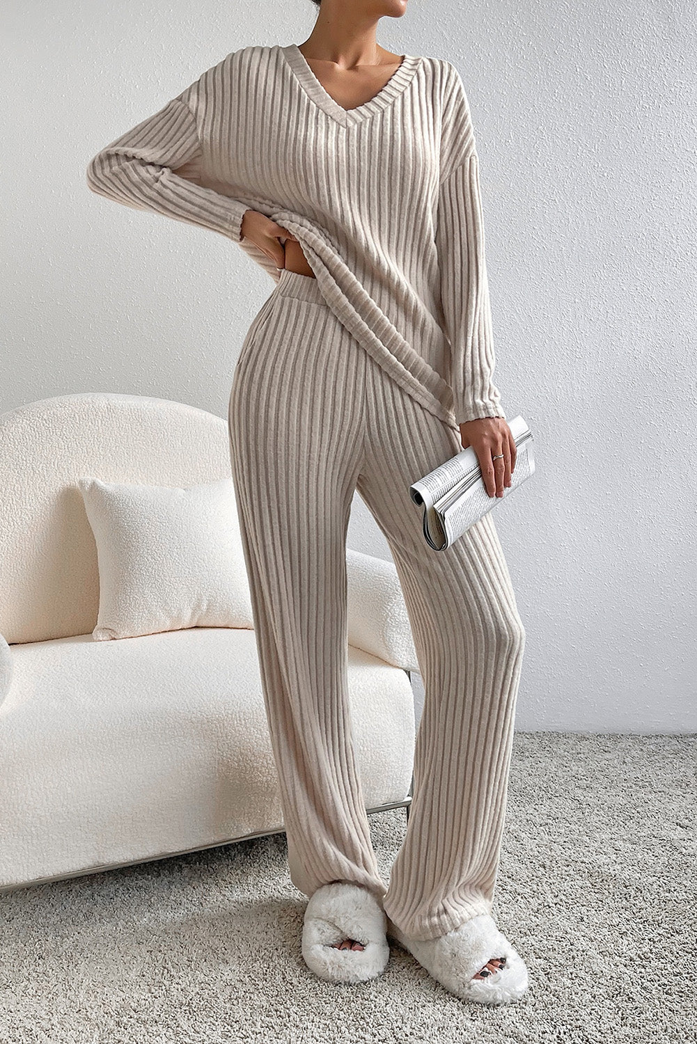 Slouchy Ribbed Knit V Neck Top & Pants Loungewear Set