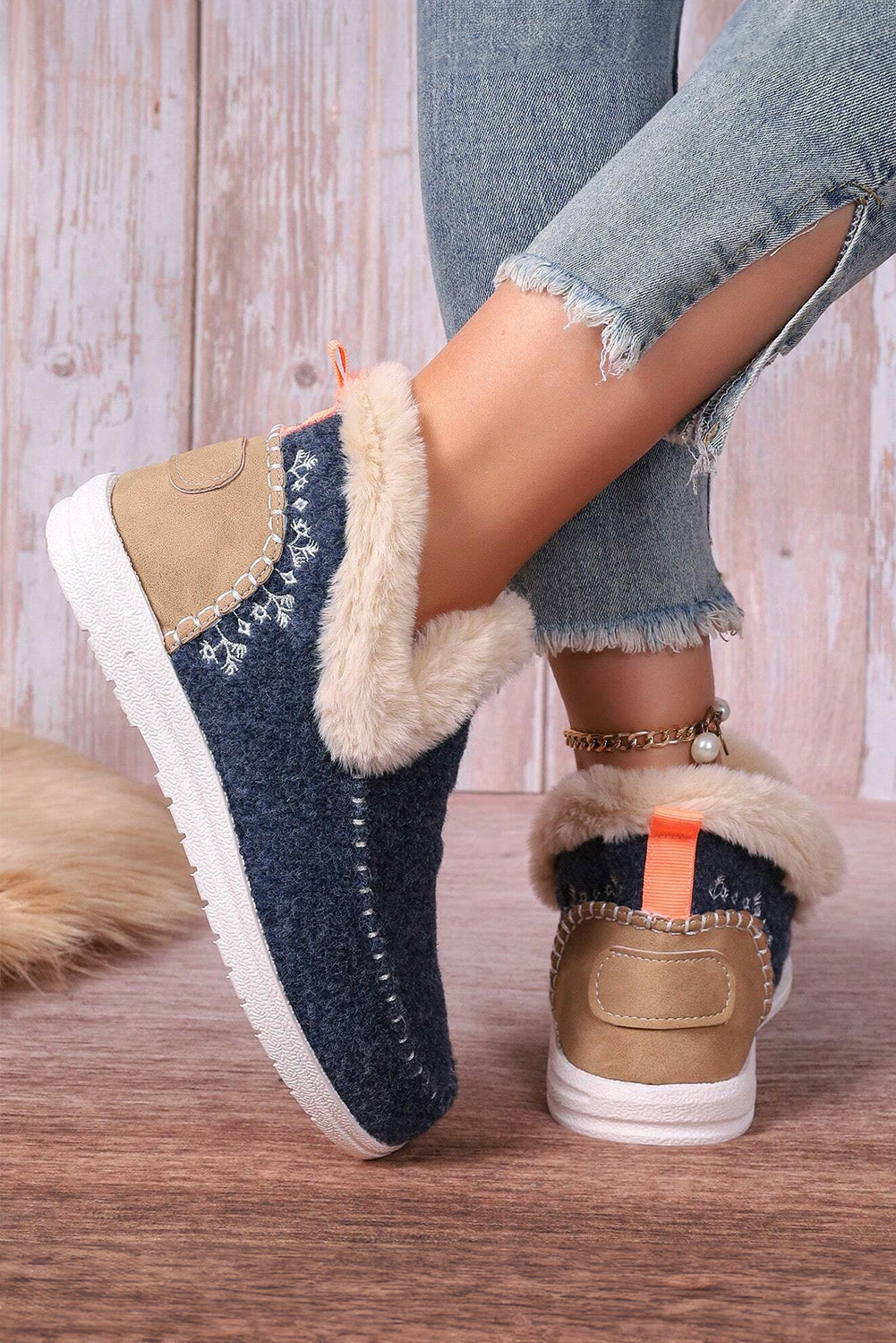 Suede Stitching Patchwork Plush Lined Anklet Boots