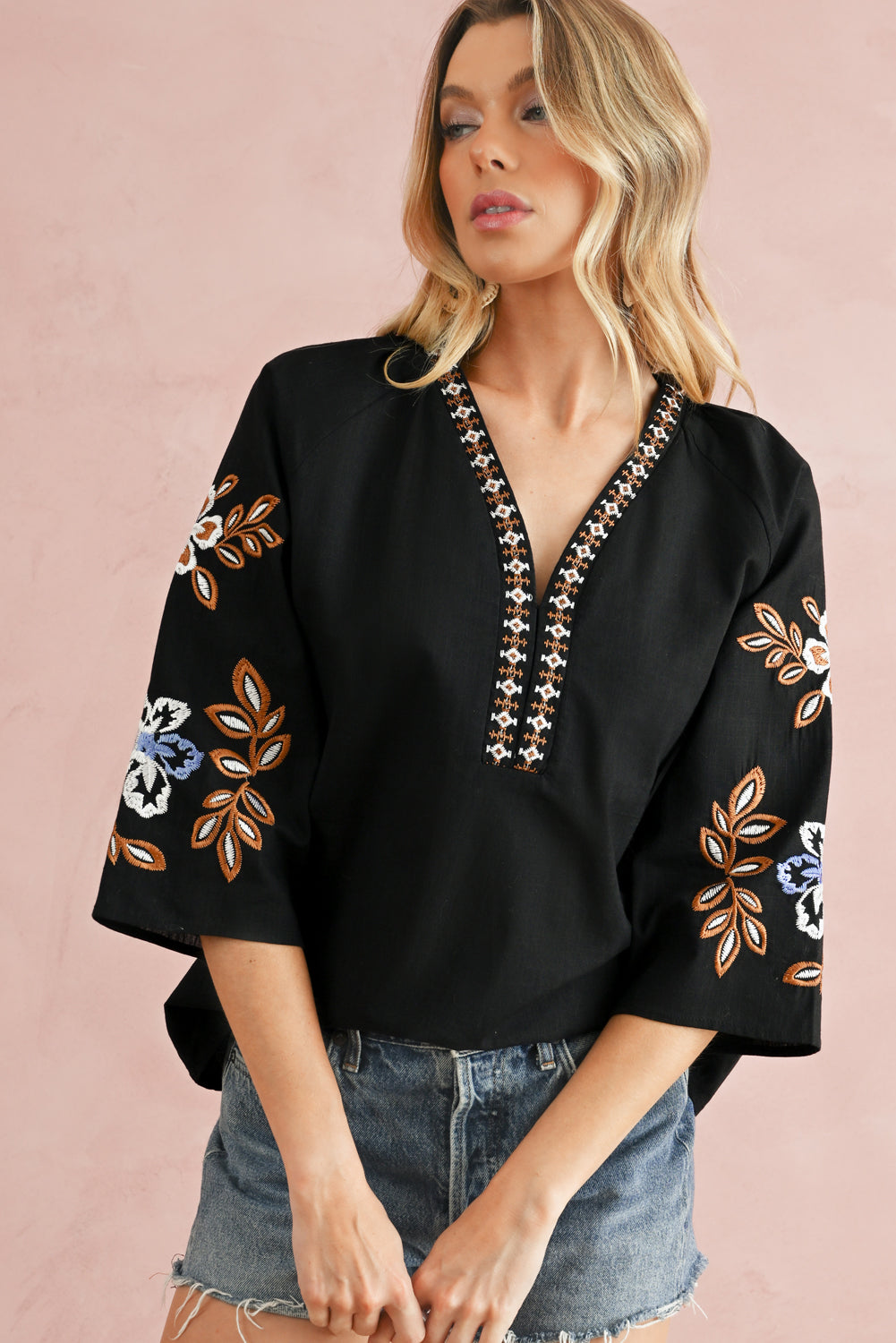 Black Floral Embroidered Sleeve Bohemian V Neck Blouse