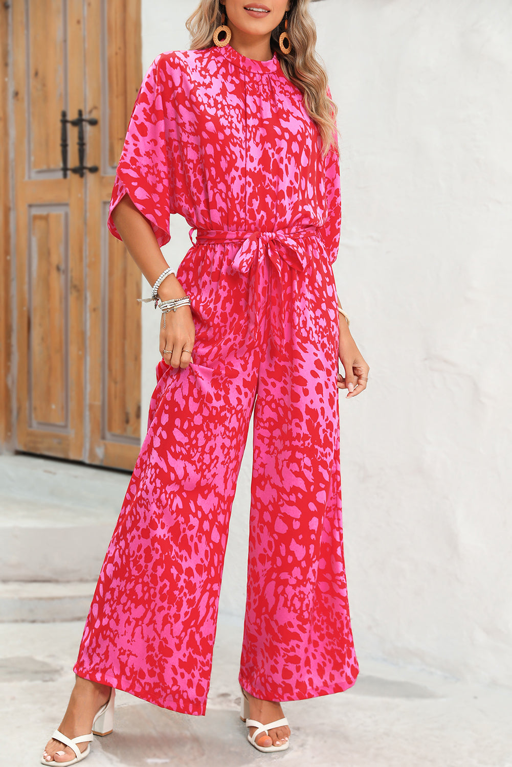 Rose Leopard Print Tulip Sleeve Belted Wide Leg Jumpsuit