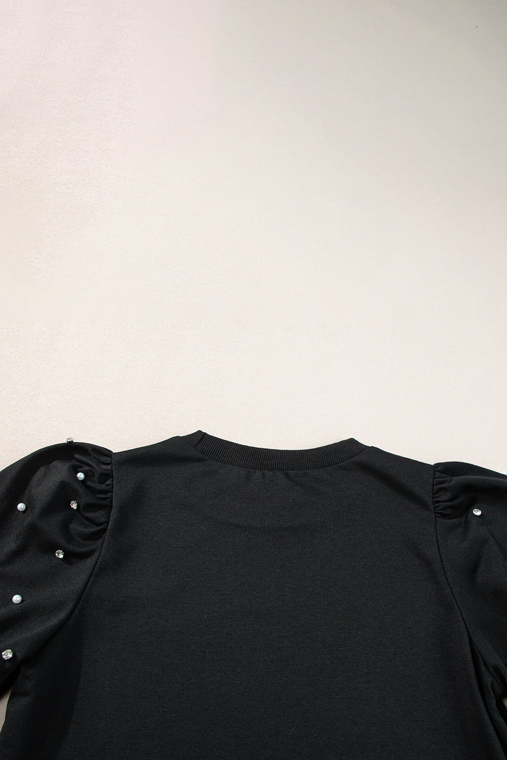 Black Rhinestone Pearl Puff Sleeve Plain T Shirt