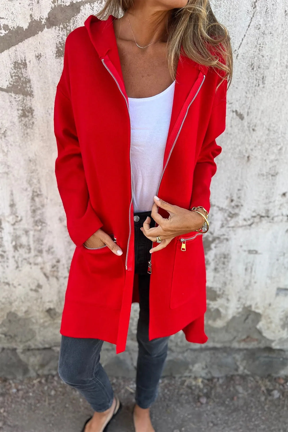 Solid Colour Casual Zipper Hooded Jacket