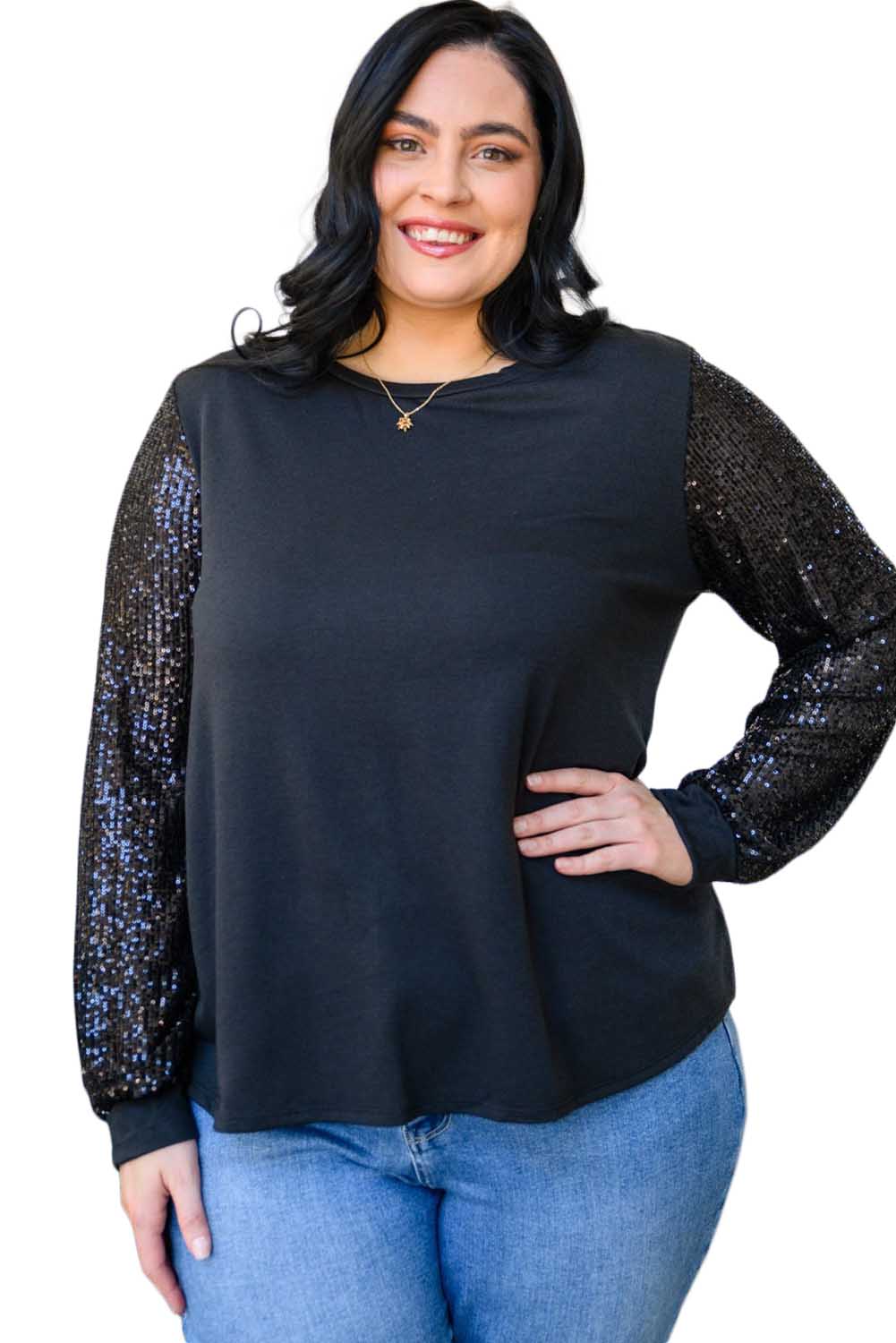 Black Sequin Contrast Long Sleeve Plus Size Top