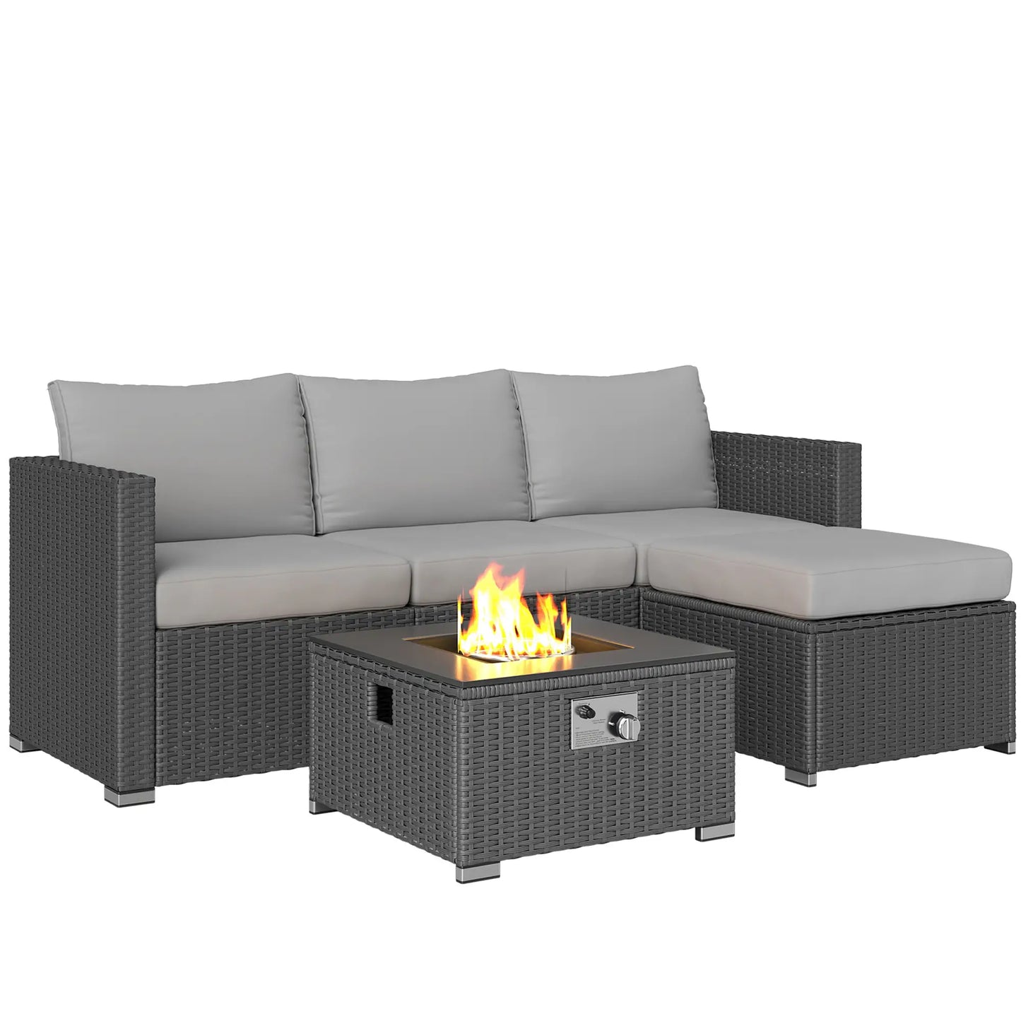 Five Piece Rattan Garden Furniture Set with Gas Fire Pit Table and Footstool - Grey