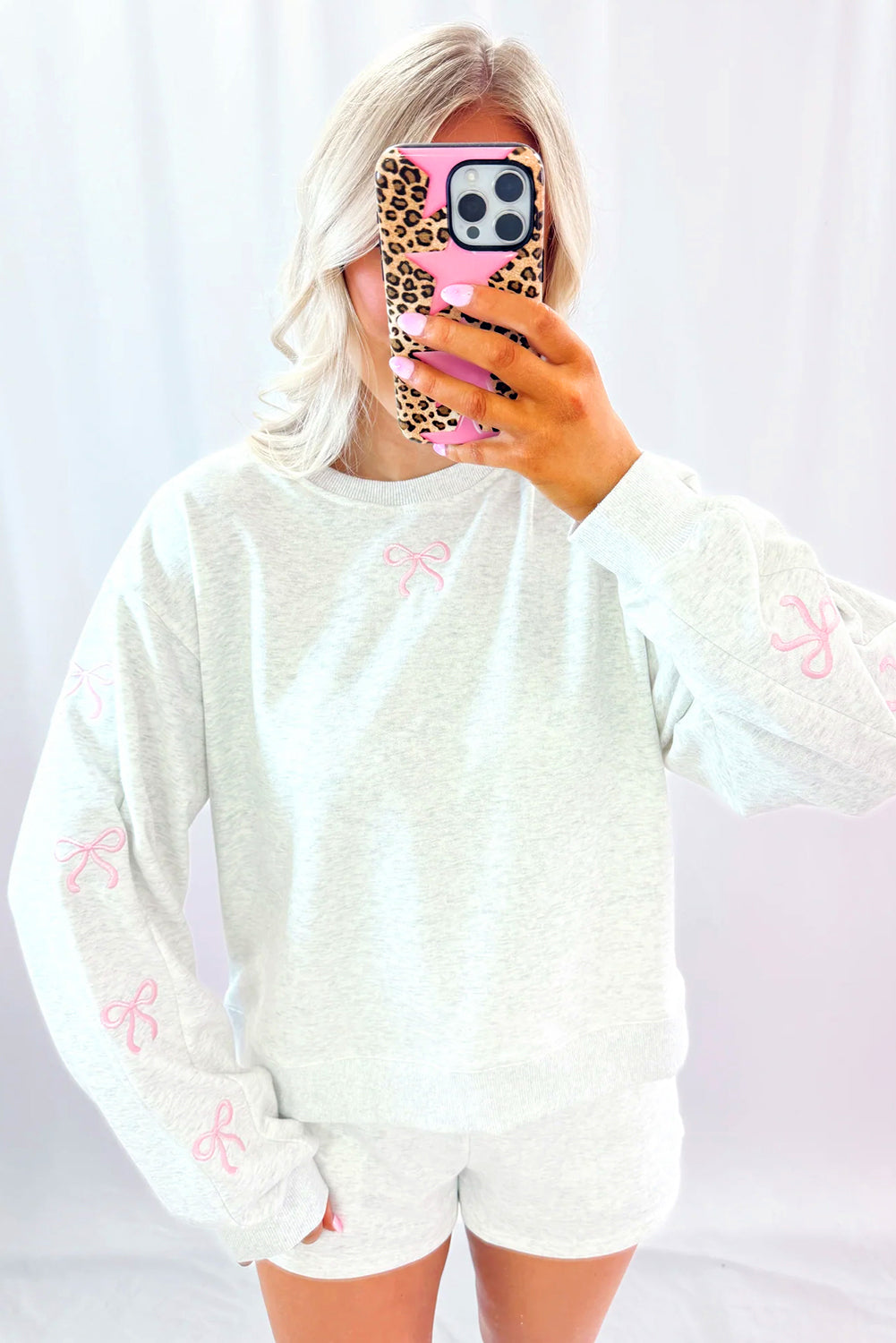 Bow Embroidery Long Sleeve Pullover and High Waist Shorts Set