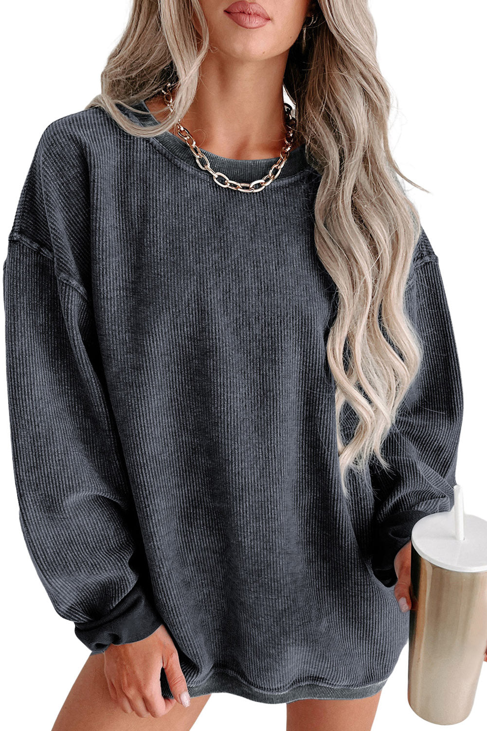 Solid Ribbed Round Neck Pullover Sweatshirt