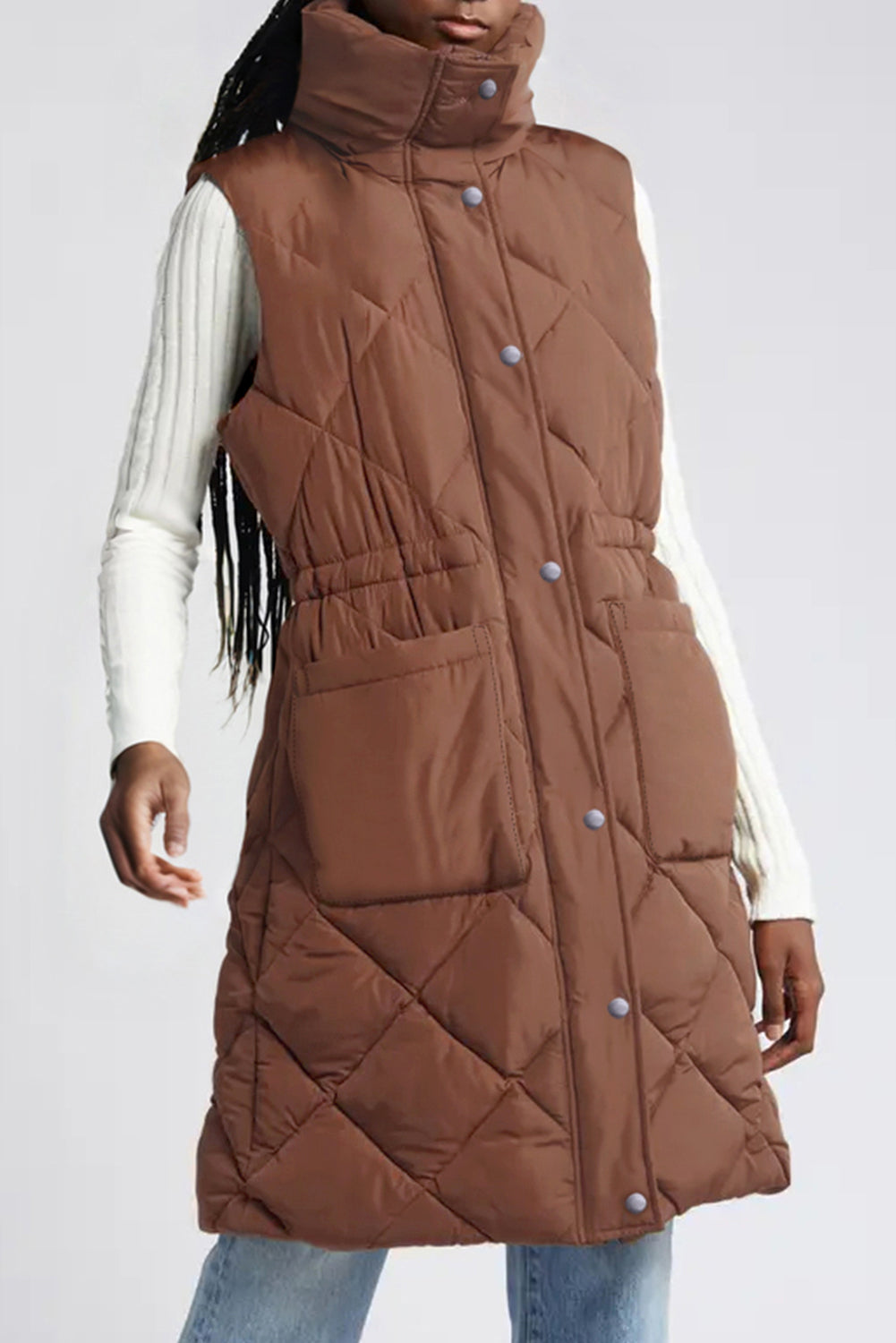 Puffer Quilted Stand Collar Pocketed Vest Coat