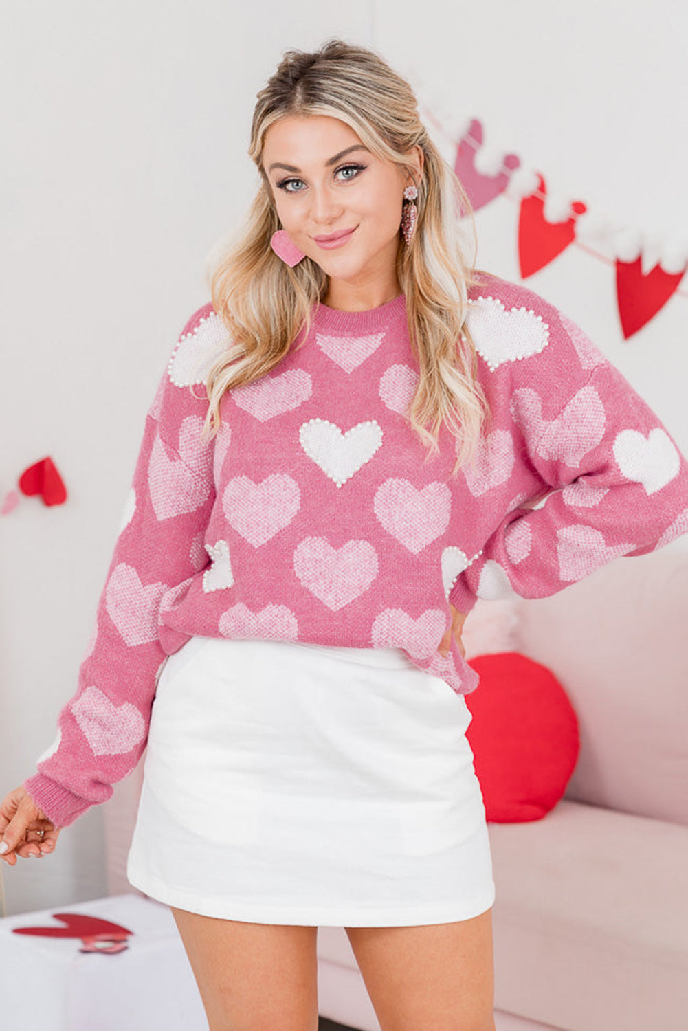 Pink Pearl Heart Print Crew Neck Sweater